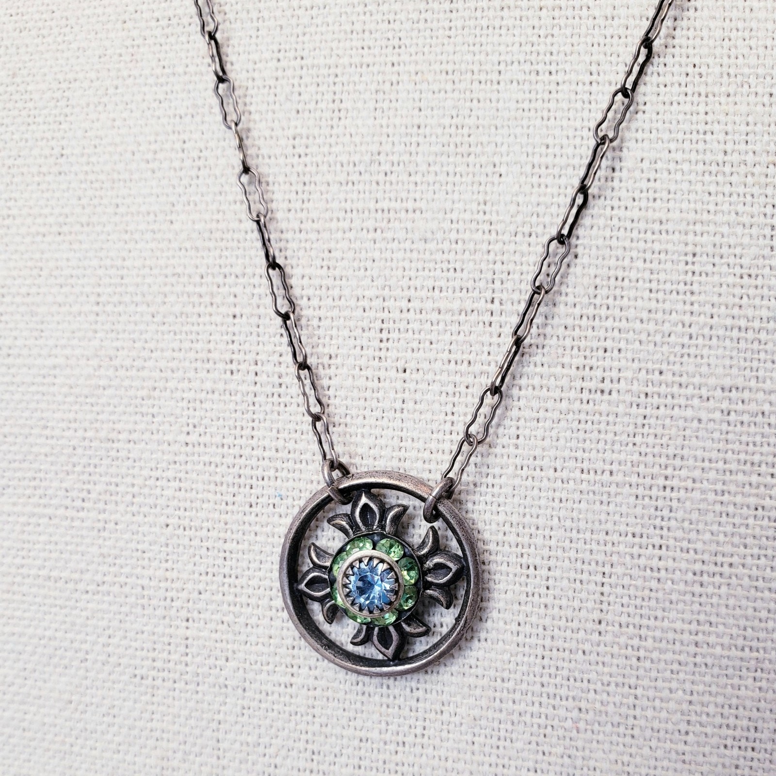 Vintage Liz Palacios Sf Green & Blue Crystal Flower Silver Tone Pendant Necklace